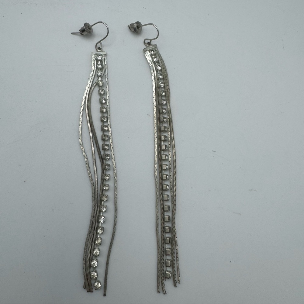 Silver Tone Rhinestone Fringe Drop Earrings Long Statement Style - Picture 3 of 5